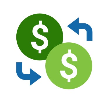 Two blue arrow pointing between two green dollar signs, indicating the transfer of funds.