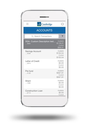 CSB mobile baking "Accounts" screen displayed on a smartphone