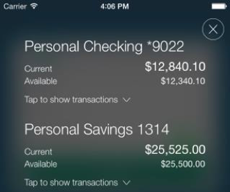Screenshot of Quick Balance screen showing Personal Checking and Personal Savings balances