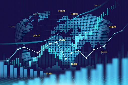 Map of the world with charts and graphs in front of it