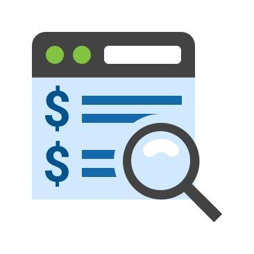 A blue browser display with a magnifying glass over top of dollar signs.